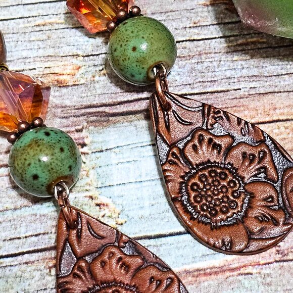 Artisan Earrings Embossed Faux Leather Copper Amber Green Beaded Pierced - Picture 5 of 5